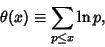 \begin{displaymath}
\theta(x)\equiv \sum_{p\leq x} \ln p,
\end{displaymath}
